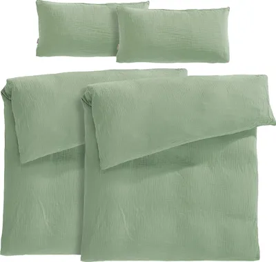 Produktbild von Pure Label Musselin Bettwäsche 155x220 4 teilig bestehend aus Bettbezug 155 x 220 cm 2er Set + Kissenbezug 40x80 cm 2er Set aus Baumwolle in grün