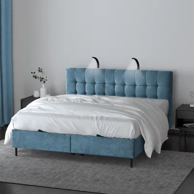 Produktbild von Boxspringbett Muna Doppelbett mit Pocketmatratze 17 cm Topper Bett mit Bettkasten Polsterbett aus velours, Große: 186 x 200 cm, Stoff: aston 12 - blau