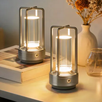Produktbild von 2er Set Akku Tischlampe Kabellos LED Metall Tischleuchte, 3 Lichtfarben Dimmbar, USB-C Wiederaufladbar, Tragbare Ambientebeleuchtung für Innen Außen