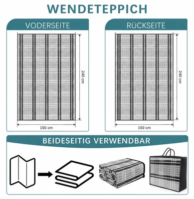 Immagine prodotto di Tappeto da esterno resistente alle intemperie, 150x240 cm, reversibile, resistente ai raggi UV, lavabile, pieghevole, in plastica, colore grigio e bianco
