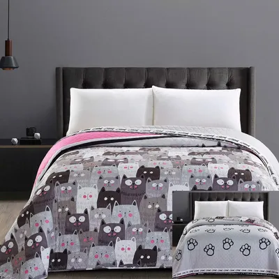 Zdjęcie produktu dla Narzuta na łóżko dwustronna mikrofibra - 200 x 220 cm - Koty - Beżowo-antracytowa