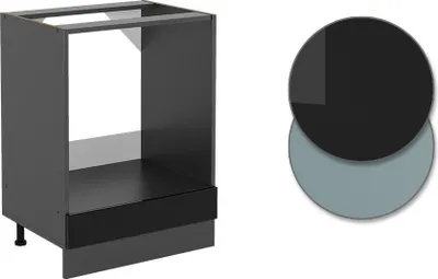 A product image showing a kitchen cabinet base unit and two color swatches.
