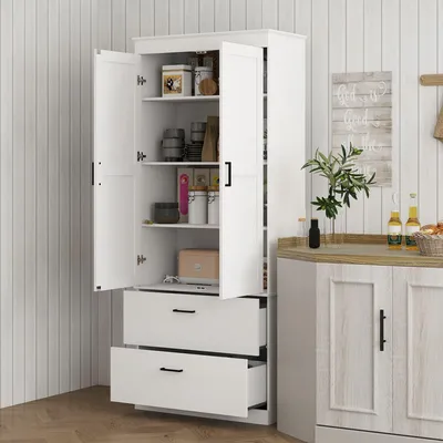 Immagine prodotto di Mobile da cucina - Armadio alto - Mobile contenitore - Credenza - Cassettiera - Ripiani regolabili - Legno, colore bianco crema