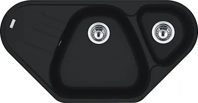 A top-down view of a black kitchen sink with two basins and a draining board.