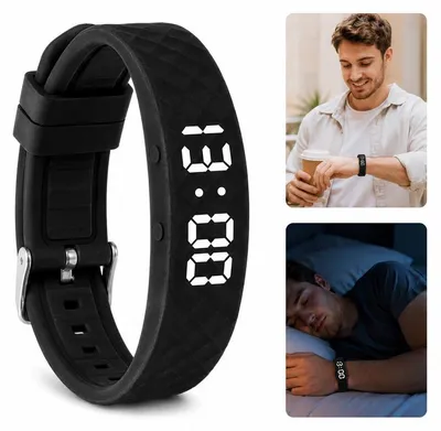 Produktbild von Vibrationswecker als Armband mit Schlaf-Tracker (Schwarz) – IP65 wasserdicht, 15 Tage Akku, 8 Alarme – inklusive Kalorien- und Schrittzähler