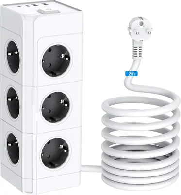 Produktbild von 12 Fach Mehrfachsteckdose mit 2 USB-C und 2 USB-A Steckdosenturm Steckdosenleiste Verlängerungskabel 2M