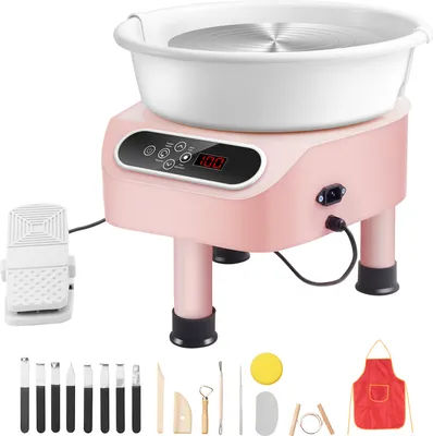 Produktbild von SucceBuy Töpferscheibe Pink Direktantrieb, Kompakt, Tragbar für DIY, mit je 8-tlg. Edelstahl- & Holz-Werkzeugsatz und wasserdichter Schürze