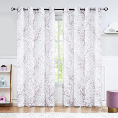 Produktbild von Famanu Gardinen mit Baumzweigen, 127 cm breit, lila, halbtransparent, modern, 2 Stück (127 x 245 cm)