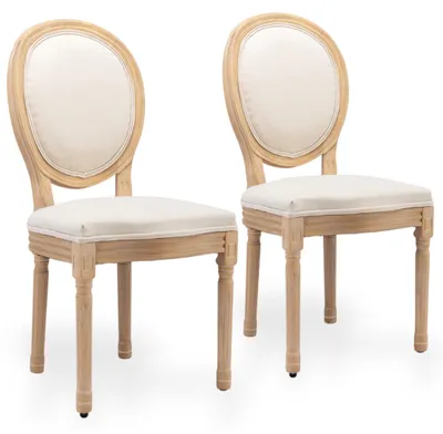 Imagen del producto de Juego de dos sillas de comedor de lino, con respaldo ovalado y estructura de madera de caucho con acabado envejecido, color beige