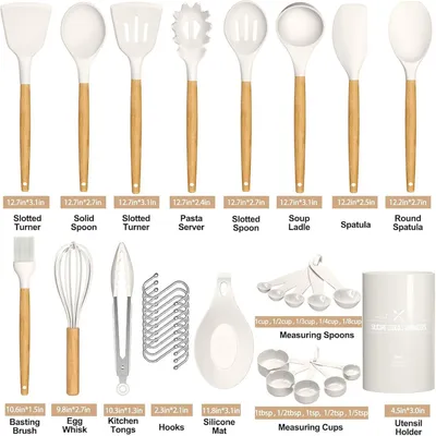 Productafbeelding van Keukenaccessoireset, 33-delig, siliconen, houten handgrepen, crèmekleurig, antiaanbaklaag, met houder