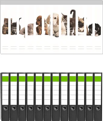 Produktbild von Wallario 12 Stück schmale Ordner inkl. Klebeetiketten mit Motive Hundewelpen und Katzenjunge -  Set mit Rückenschildern / Ordnerrücken Stickern