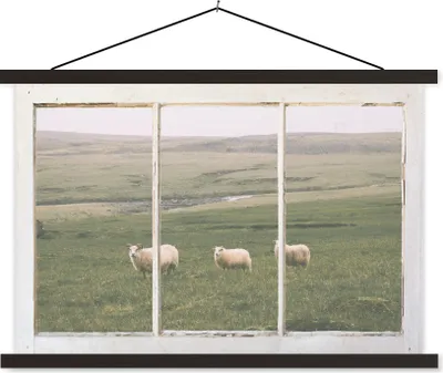 Produktbild von MuchoWow® Textilposter Durchschauen - Schafe - Gras 60x40 cm mit schwarzem Rahmen - Hölzernes