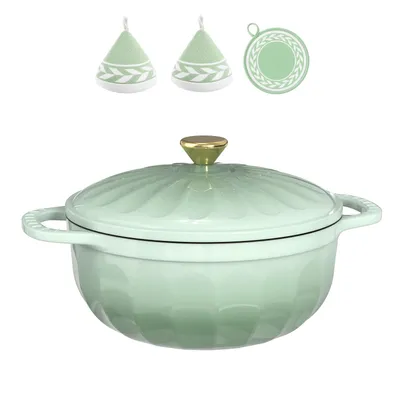 Produktbild von Gusseisentopf (4,7 l), Blütenblattförmig,inklusive Handschuhen und hitzebeständiger Unterlage, geeignet zum Backen in der Küche Grün