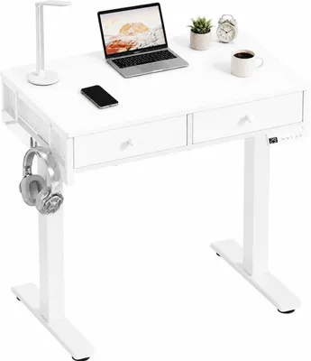 Imagen del producto de Escritorio eléctrico con altura ajustable - Tablero de 80x60 cm - Blanco - Con cajón