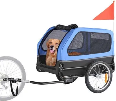 Immagine prodotto di Rimorchio per cani - Rimorchio da bicicletta per cani di piccola e grande taglia - Fino a 40 kg - Telaio pieghevole - Attacco universale - Bandierina di sicurezza - Guinzaglio interno - 132 x 71,5 x 75 cm