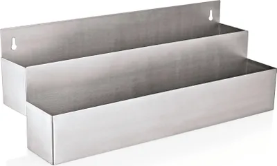 A two-tier metal shelf for storing bottles, mounted on a white background.
