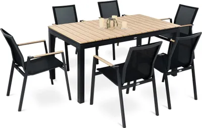 A dining set with a rectangular table and six chairs, arranged on a white background.