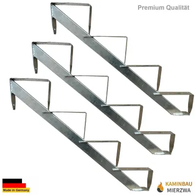 Three identical metal stair stringers are arranged diagonally on a white background.