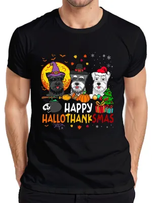 Obrázok produktu pre Happy Hallothanksmas Schnauzer Halloween Thanksgiving Christmas Pánske tričko, čierna, S