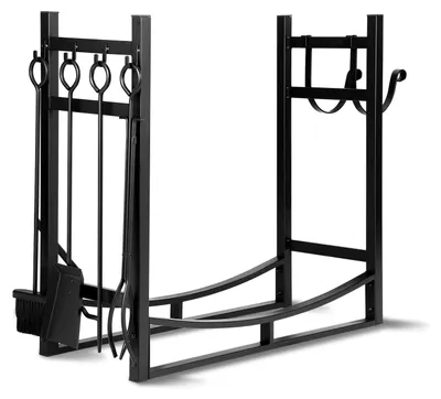 Produktbild von Peviasot 2-stufiges Kaminholzregal mit 4-teiligem Kaminbesteck, 37 × 33 × 74 cm, Eisen, Schwarz, für Kamin und Ofen