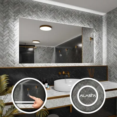A modern bathroom with a large LED mirror over a vanity with a sink.