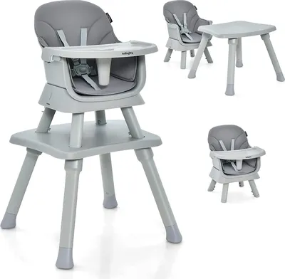 Produktbild von COSTWAY 6-in-1 Babyhochstuhl, Hochstuhl & Essstuhl & Lerntisch & Bausteintisch & Kindersitzgruppe, Kinderhochstuhl mit Sicherheitsgurt und abnehmbarem Tablett, Babystuhl Kombihochstuhl (Grau)