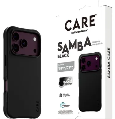Image de Coque PanzerGlass CARE™ de la marque Samba Case, noire, compatible avec iPhone 18 Pro et iPhone 17 Pro. Compatible avec MagSafe