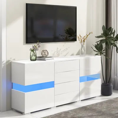 Image de MODFU Buffet Moderne avec LED Multicolores, 4 Tiroirs et 2 Portes - Meuble de Rangement Design pour Salon - 140x35x72 cm - Blanc
