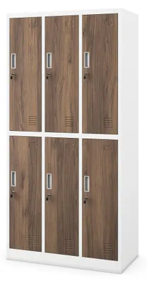 Image de Armoire de casiers 3B2A, armoire de sécurité, casier métallique, vestiaire à 6 compartiments, en tôle d'acier, revêtement par poudre, dimensions : 185 cm x 90 cm x 45 cm, couleur : blanc/noyer