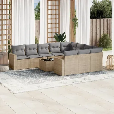 Produktbild von Design 11-tlg. Garten-Sofagarnitur mit Kissen Beige Poly Rattan, Gartenmöbel-Sets 2024 Neu