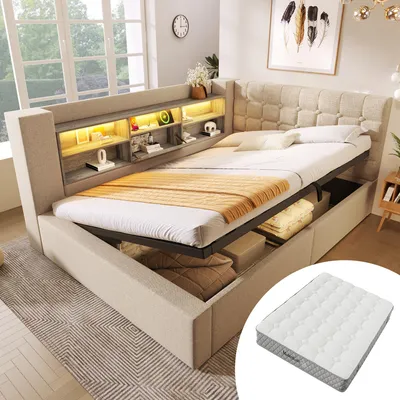 Zdjęcie produktu dla Łóżko tapicerowane 140x200 cm z materacem, oświetleniem LED, portami USB-C i USB, hydraulicznym pojemnikiem na pościel, zagłówkiem w kształcie litery "L", montowanym z obu stron, oraz stelażem, w kolorze beżowym