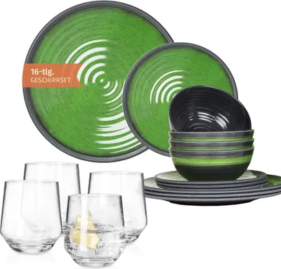 Produktbild von Melamin Camping Geschirr Set 4 Personen Stone Green + 4 Milano Gläser Wassergläser Tafelgeschirr Picknick BBQ Kochgeschirr