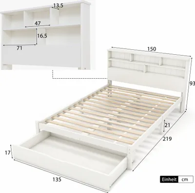 Produktbild von Massivholzbett inkl. Schublade und Lattenrost, 140x200 cm, Doppelbett aus Holz, Kopfteil mit Regal, Jugendbett