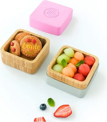 Productafbeelding van Twee bamboe lunchboxen, roze en grijs, milieuvriendelijk