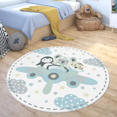 Produktbild von Kinderteppich Rund Waschbar Kinderzimmer Flugzeug Tiere Tiger Koala Bär Pinguin Grösse 200 cm Rund