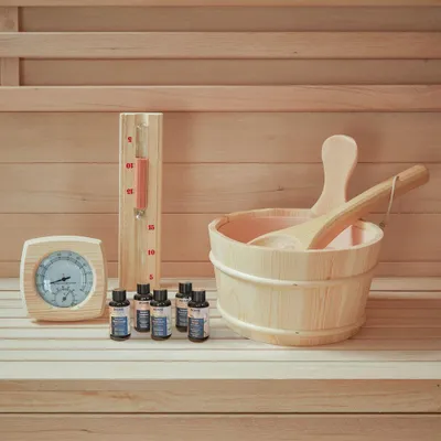 Produktbild von HOME DELUXE Saunazubehör Q PREMO - 10 tlg. Belebende Frische | Aufgusskübel, Aufgusskelle, Saunakübel, Hygrometer Sauna, Thermometer Sauna, Saunadüfte,
