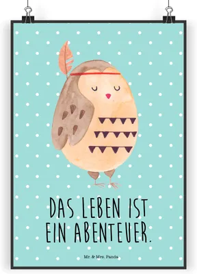 Produktbild von Mr. & Mrs. Panda Bild Eule Federschmuck DIN A3 - Türkis Pastell - Geschenk, Owl, wanddeko, Dekoration, Abenteuer, typografie poster, drucke, Wandbild, Kunstdruck
