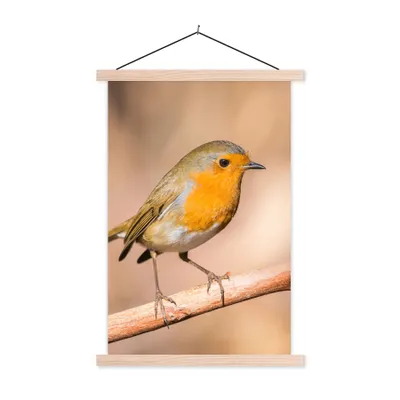 Produktbild von MuchoWow® Textilposter Vogel - Zweig - Rotkehlchen 40x60 cm mit holzfarbenen Rahmen - Poster