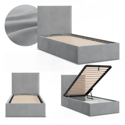 Produktbild von Einzelbett 90x200 Polsterbett PAOLA mit Bettkasten, hochklappbarer Lattenrost, Stauraum, Grau