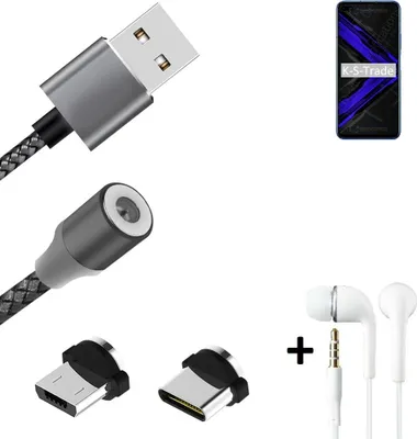 Produktbild von K-S-Trade® Hochwertiges Magnet-Lade-kabel Sync-Kabel Daten-Kabel + Kopfhörer kompatibel mit Huawei Honor Play 4 Pro mit USB-Typ-C-Anschluss und