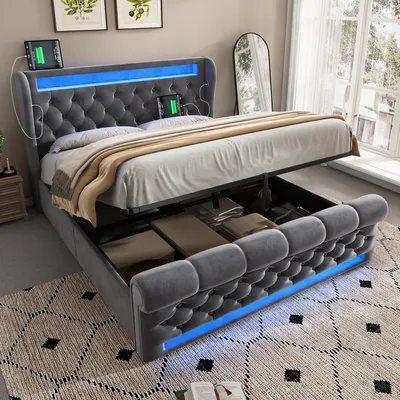 A modern upholstered bed with storage and LED lighting.