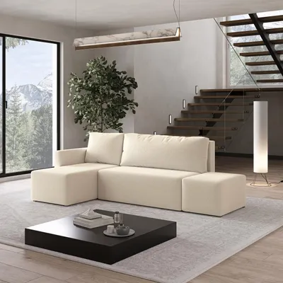 Produktbild von Masseno Ecksofa VELOTTI L-S mit Schlaffunktion L-Form, Sofa mit Bettkasten, Wohnzimmersofa, Couch, Soffa, Bettsofa, Couchgarnitur- Creme, QUELLE 02