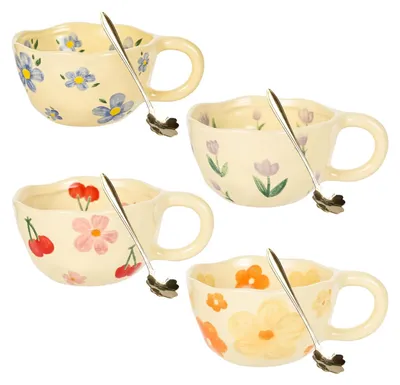 Kaffeetassen-Set, 4 Espressotassen mit Löffel, Keramik, 250 ml