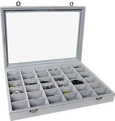 Produktbild von Schmuckkasten Schmucklade Schaukasten Schmuckdisplay mit Glasdeckel 36 Fächer grau