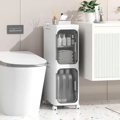 Immagine prodotto di Scaffale sottobagno stretto, con 2 ripiani, in plastica, con porta e ruote, per il bagno