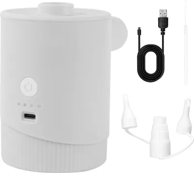 A white electric air pump with accessories on a white background.