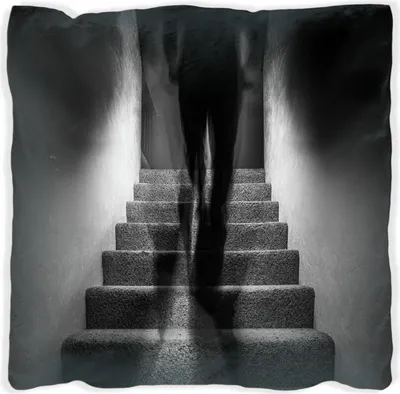 Produktbild von Wallario Premium Kissen, weiche Oberfläche, mit Motiv Mysteriöse Treppe mit Schattenfigur - Schwarzweiß, Größe: 40 x 40 cm, mit weißer Rückseite
