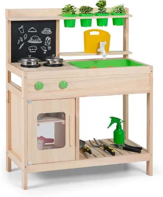 Imagen del producto de Cocina de juguete para niños, cocina de exterior con accesorios que incluye pizarra, estufa, grifo, fregadero, macetas. Cocina de exterior de madera maciza, cocina de jardín para niños a partir de 3 años