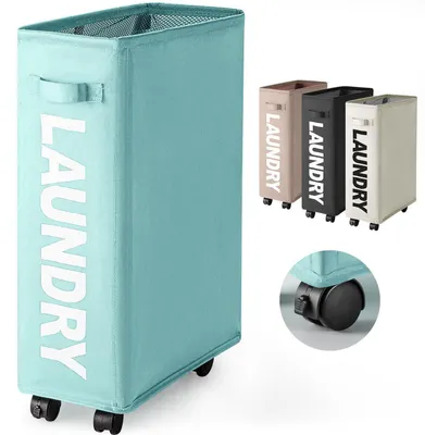 Image de Panier à linge pliable avec roulettes, 43 litres, en tissu Oxford bleu clair