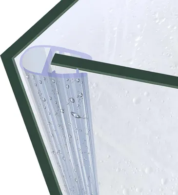 A close-up view of a shower door seal with water droplets on it.